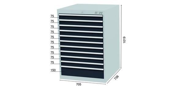 Drawer cabinet 11 drawers 7016 10x75, 1x150mm WDH 705x736x1019mm