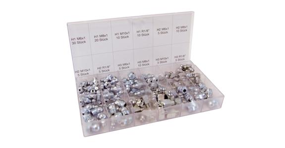 Grease nipple assortment box 120 pcs, in acc. w. DIN 71412, straight and angled