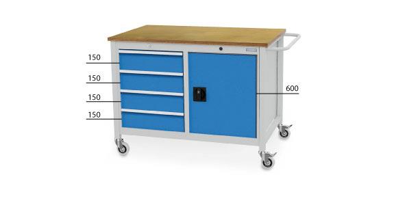 Workbench, mobile, 1 door 4 drawers HxWxD 935x1250x750 mm RAL 7035/5010